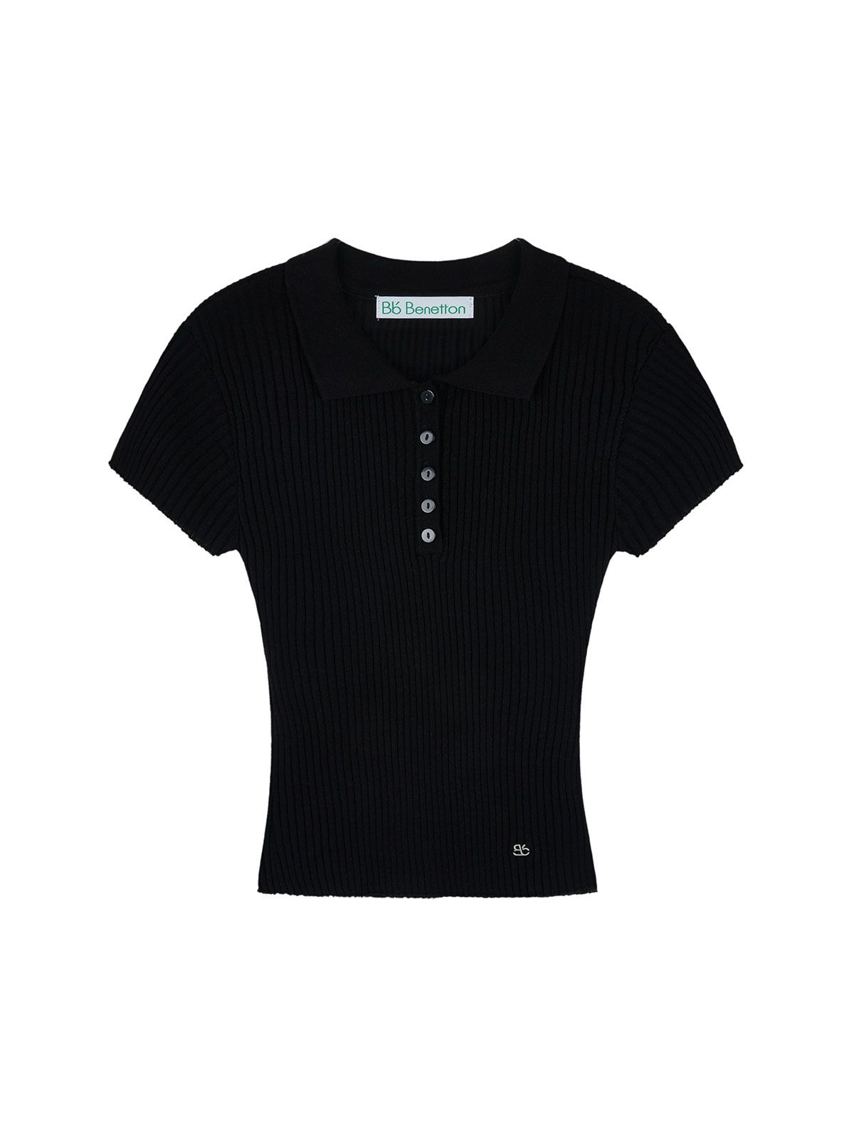 비플랫 베네통(Bb' BENETTON) 비비 립 스트레치 반팔 카라 니트 (Black)