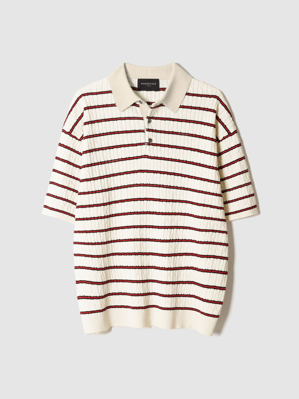 포커페이스(POKERFACE) CABLE RUGBY HALF SLEEVE KNIT RED STRIPE