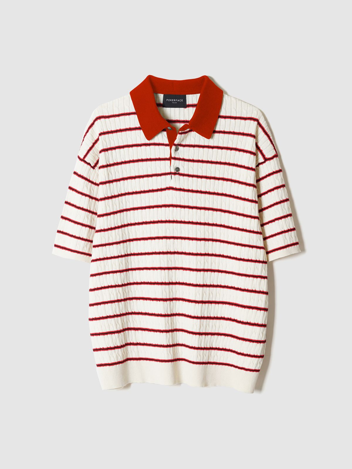 포커페이스(POKERFACE) CABLE RUGBY HALF SLEEVE KNIT IVORY/RED
