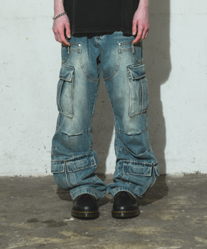 Semi Flare Washed Denim Pants (Blue)