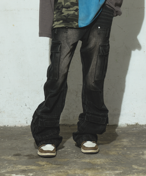 Semi Flare Washed Denim Pants (Black)