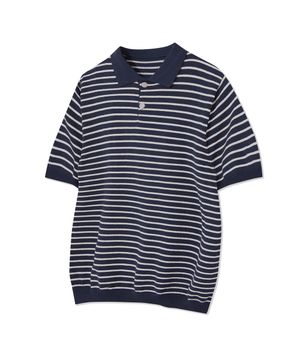 86-IRO358 컬러 스트라이프 버튼 카라 반팔 니트 네이비