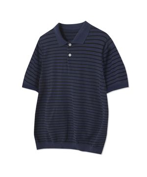86-IRO358 컬러 스트라이프 버튼 카라 반팔 니트 딥네이비