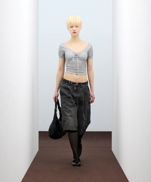 85-VIVA111 플라워 뷔스티에 크롭 반팔 숏 슬리브 그레이