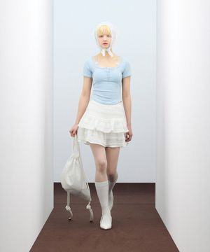 85-VIVA112 레이스 스트랩 크롭 반팔 숏 슬리브 스카이블루