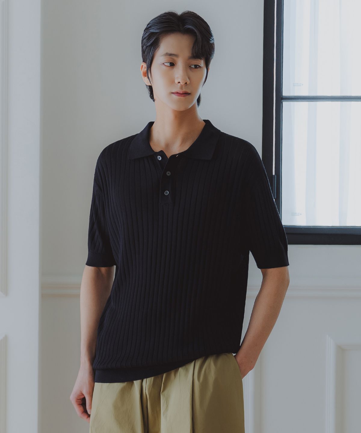 앨빈클로(ALVINCLO) [DELUXE] 버티컬 골지 카라 반팔 니트 DLX2914 (3 COLOR)