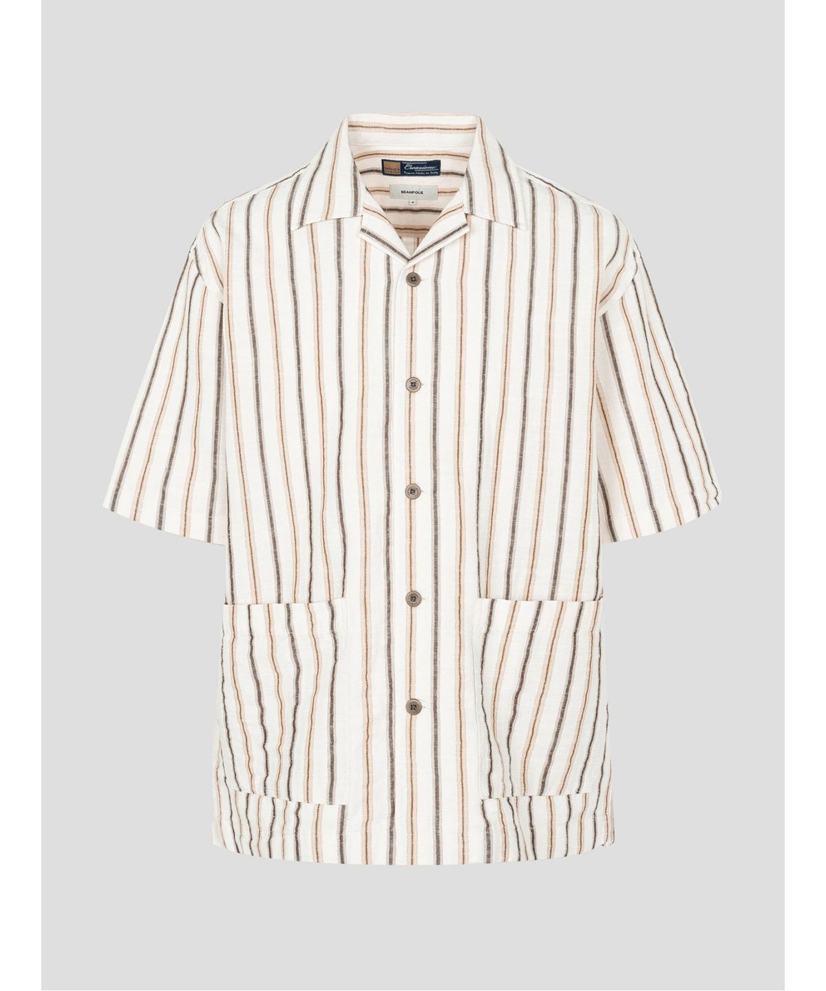 빈폴 멘(BEANPOLE MEN) 리넨 혼방 스트라이프 오픈칼라 반소매 셔츠  아이보리