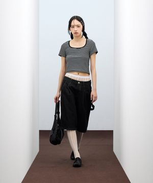 85-VIVA115 스퀘어 스트라이프 크롭 반팔 숏 슬리브 블랙
