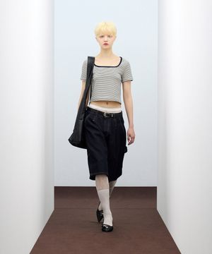 85-VIVA115 스퀘어 스트라이프 크롭 반팔 숏 슬리브 네이비