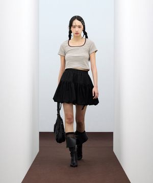 85-VIVA115 스퀘어 스트라이프 크롭 반팔 숏 슬리브 브라운