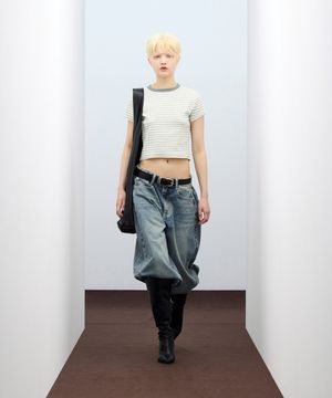 85-VIVA116 라운드 컬러 스트라이프 반팔 숏 슬리브 그레이