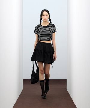 85-VIVA117 씬 스트라이프 셔링 크롭 반팔 숏 슬리브 블랙