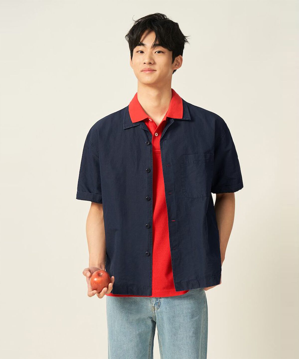 빈폴 멘(BEANPOLE MEN) 리넨 혼방 솔리드 오픈카라 반소매 셔츠  네이비 (BC5465C28R)