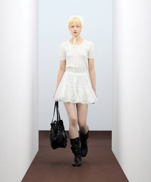 85-VIVA123 펀칭 레이스 퍼프 크롭 반팔 숏 슬리브 니트 화이트