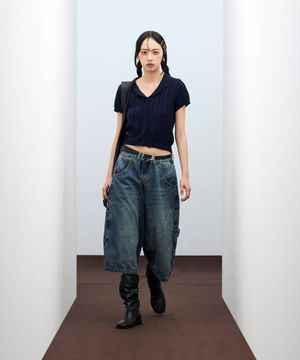 85-VIVA126 케이블 카라 반팔 숏 슬리브 니트 가디건 네이비