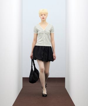 85-VIVA129 멀티 스트라이프 셔링 반팔 숏 슬리브 니트 아이보리