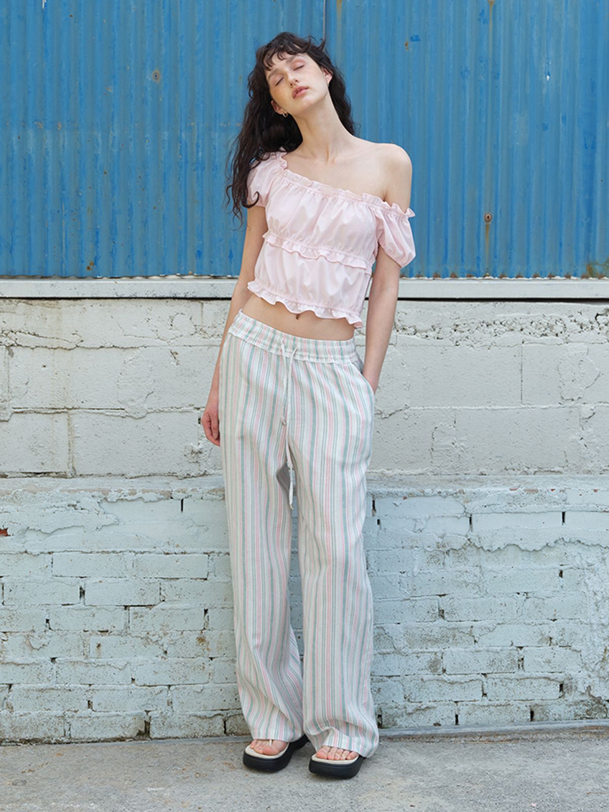 에트몽(ETMON) Stripe Banding Pants Pink Green