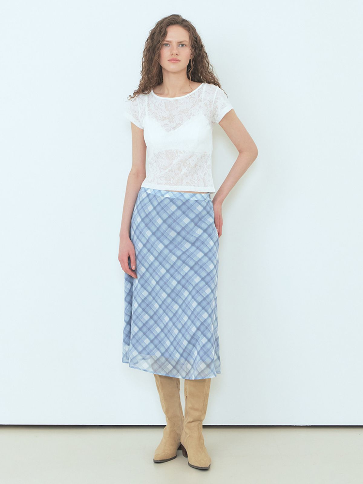 에트몽(ETMON) Check Midi Skirt, Greyish Blue