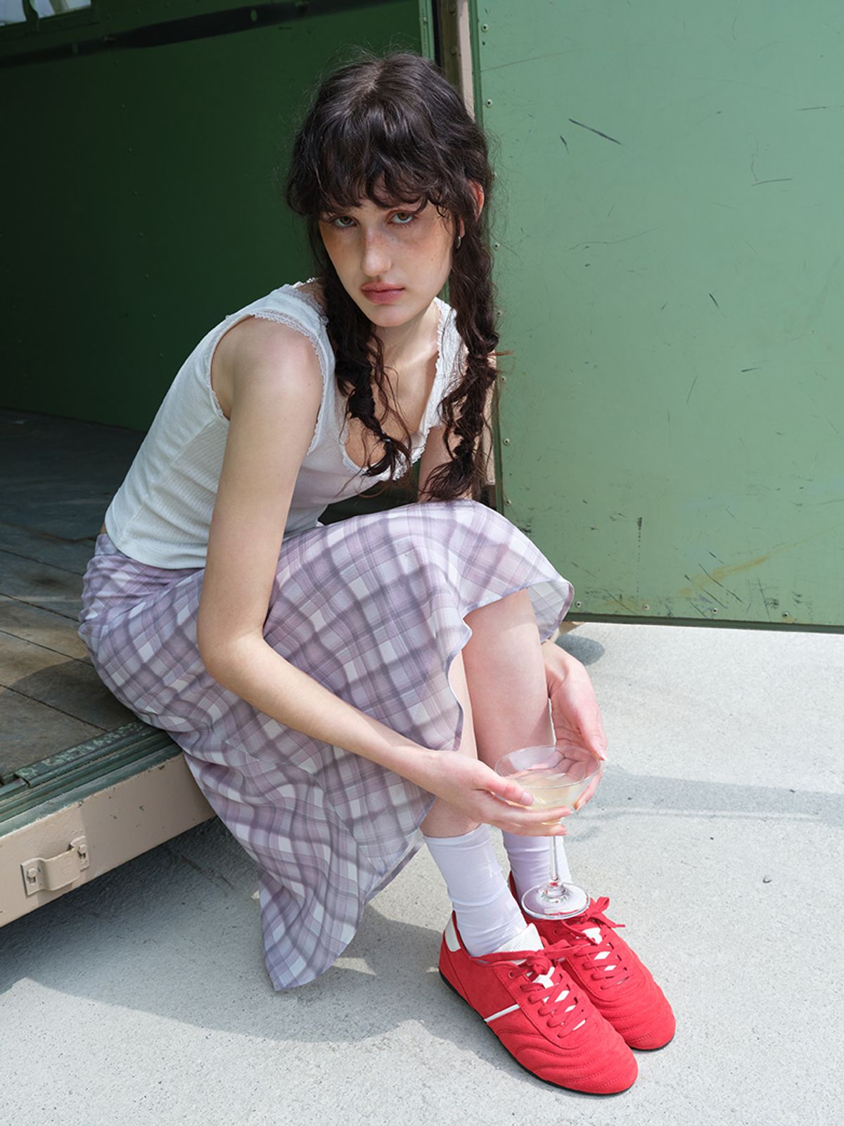 에트몽(ETMON) Check Midi Skirt Pink