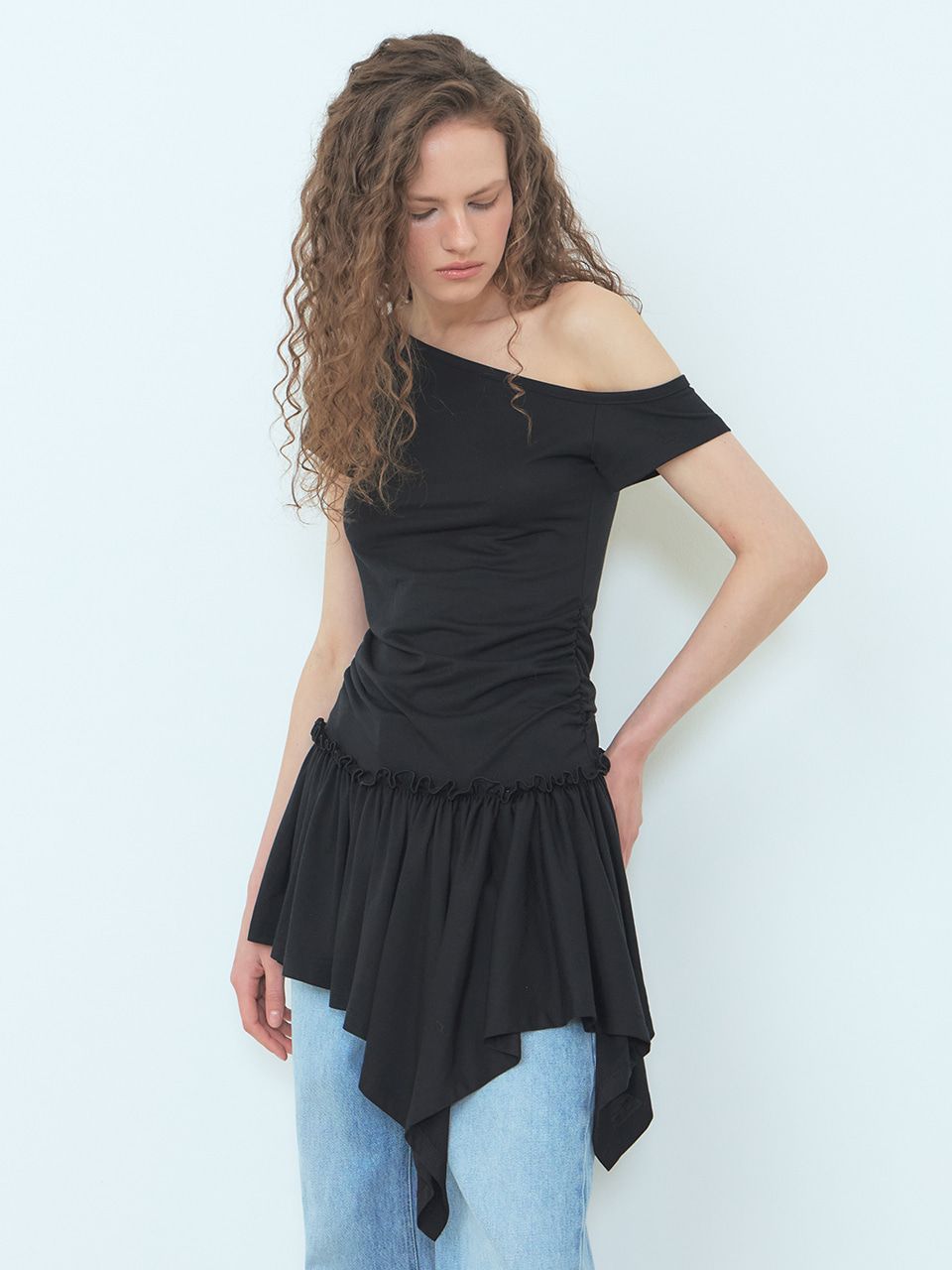 MUSINSA ETMON One-Shoulder Frill Mini Dress Black