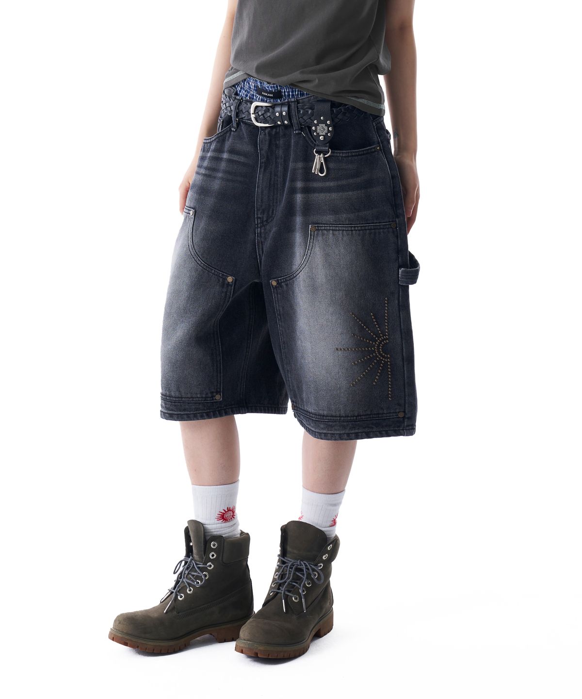 아캄(AAKAM) Washed Double Knee Bermuda Denim Pants (Black)