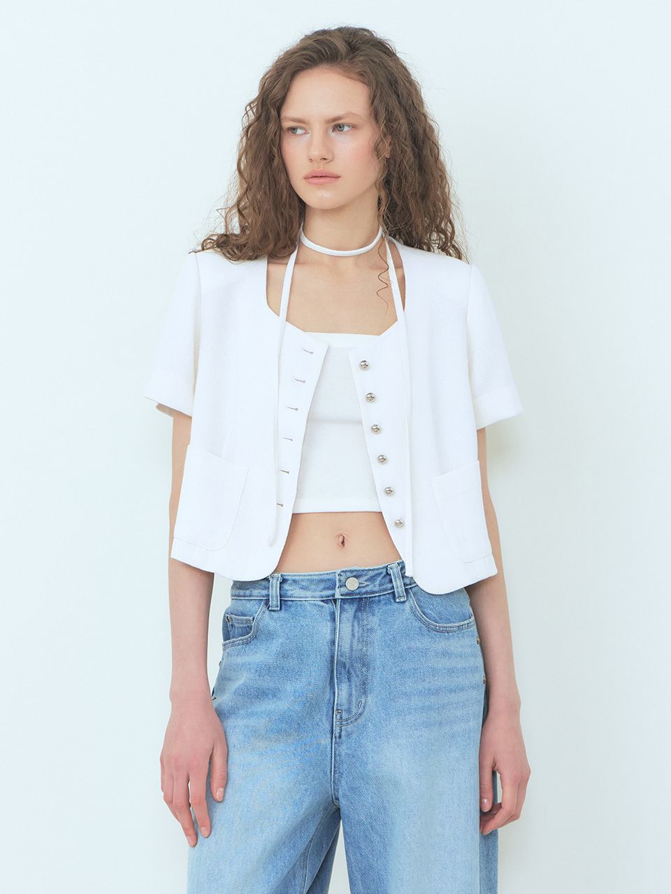 MUSINSA | ETMON Button Strap Tweed Jacket, White