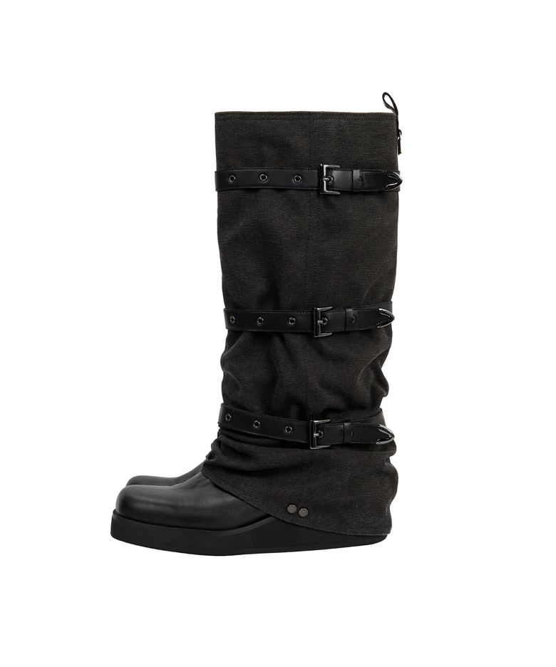Bold Wrinkled Belted Long Boots [ Black ]