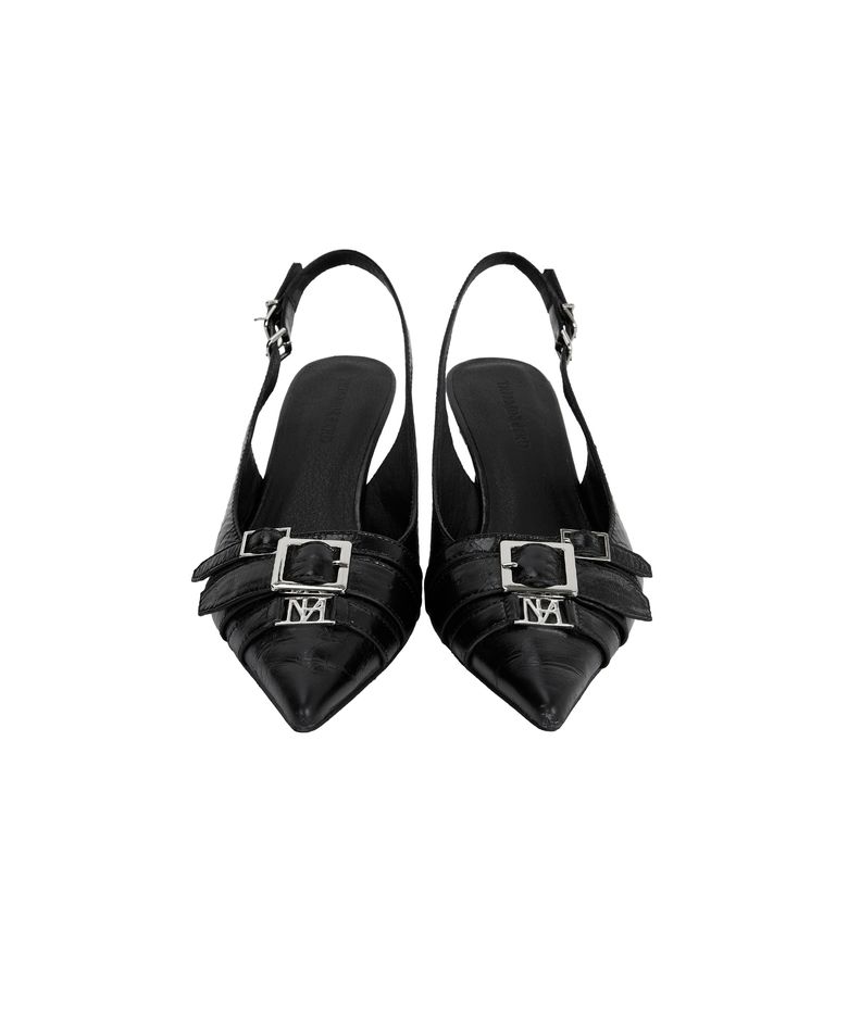 Leather Belted Slingback Shoes [ Black ]