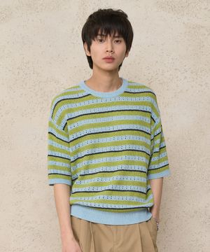 스트라이프 라운드 반팔 펀칭 니트 - 스카이