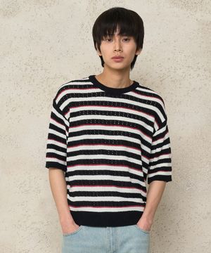 스트라이프 라운드 반팔 펀칭 니트 - 블랙