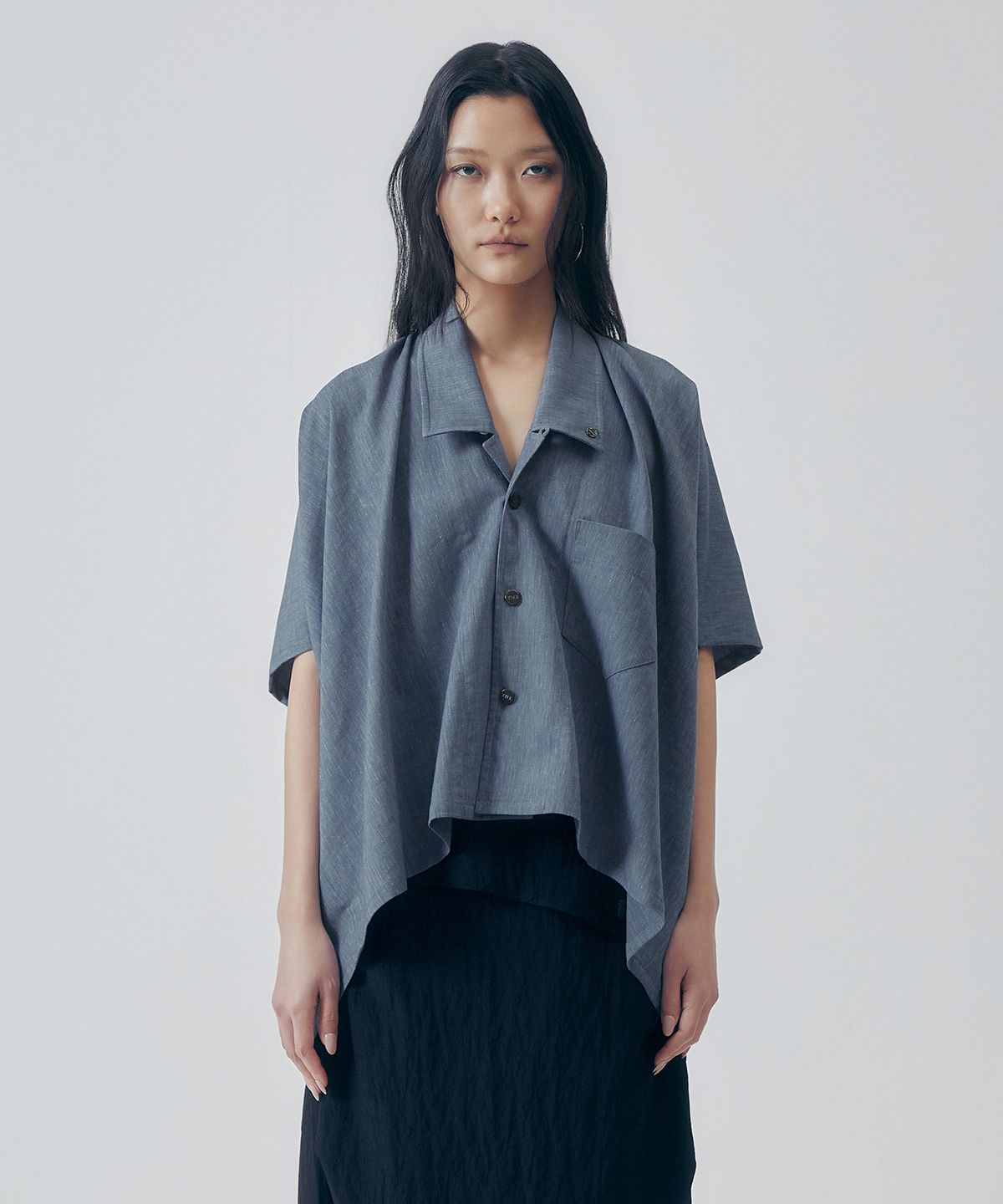 트리밍버드(TREEMINGBIRD) Oversized Poncho Short Sleeve Shirt [ Blue ]