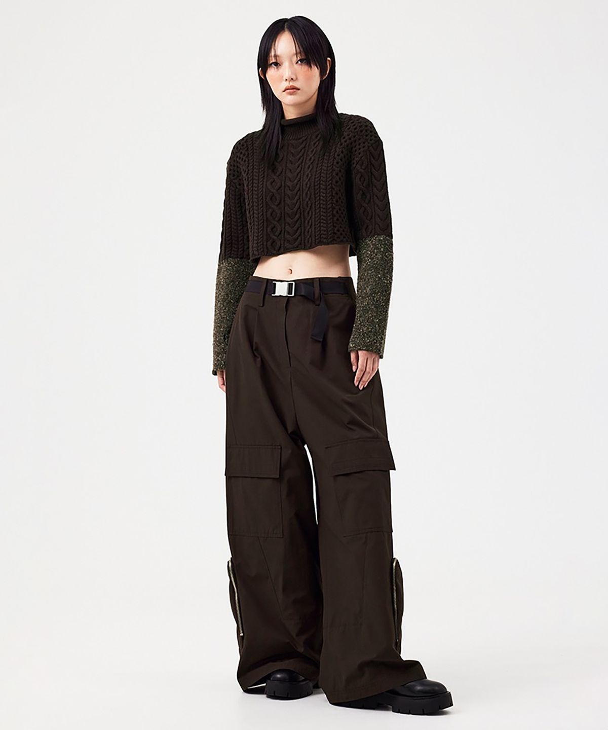 스튜디오 톰보이 엑스(STUDIO TOMBOY X) (W) 크롭 케이블 니트 풀오버 브라운 CROPPED CABLE KNIT PULLOVER BROWN