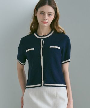 여성 부클 라운드넥 반팔 가디건 [네이비]_ZF2SW540