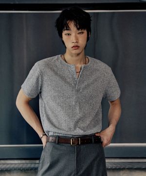 썸머 리브드 헨리넥  숏 슬리브