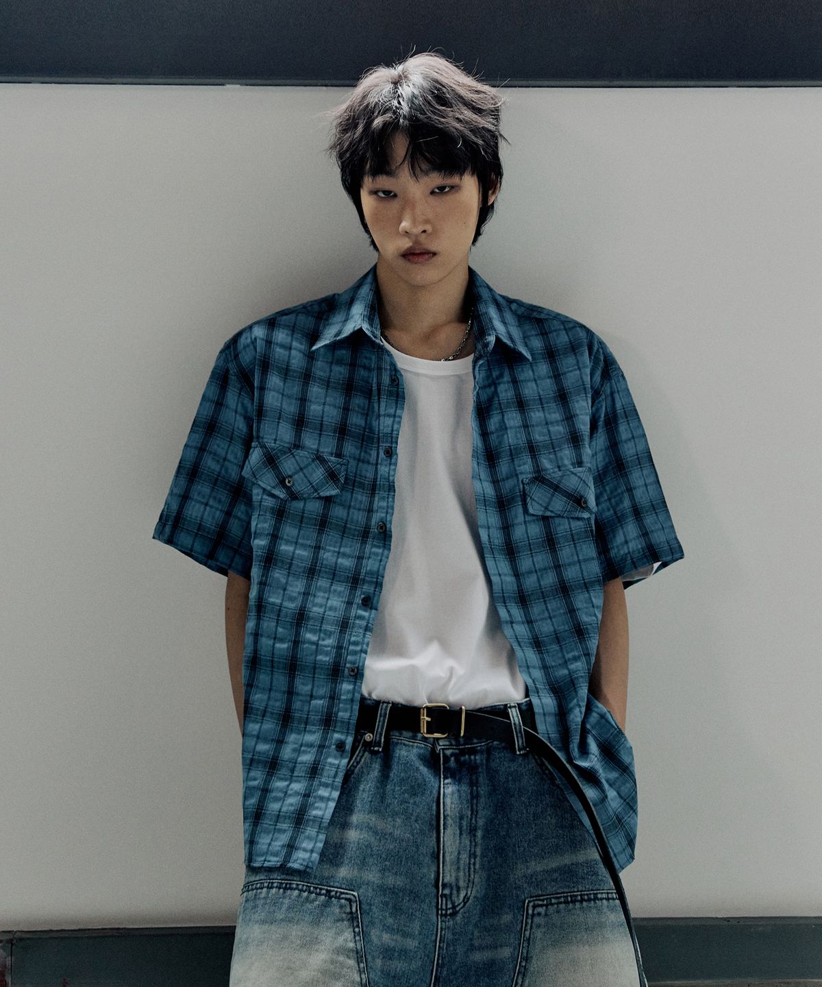 피인오(P.IN.O) 빈티지 링클 세미오버 체크셔츠 - 블루