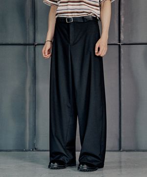 하프밴딩 와이드 세미커브드 슬랙스 - 블랙