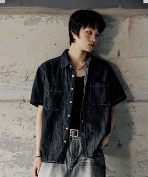 논페이드 세미크롭 반팔 데님셔츠 - 블랙