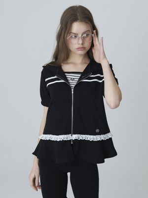 프릴 레이스 후드 집업 - 블랙