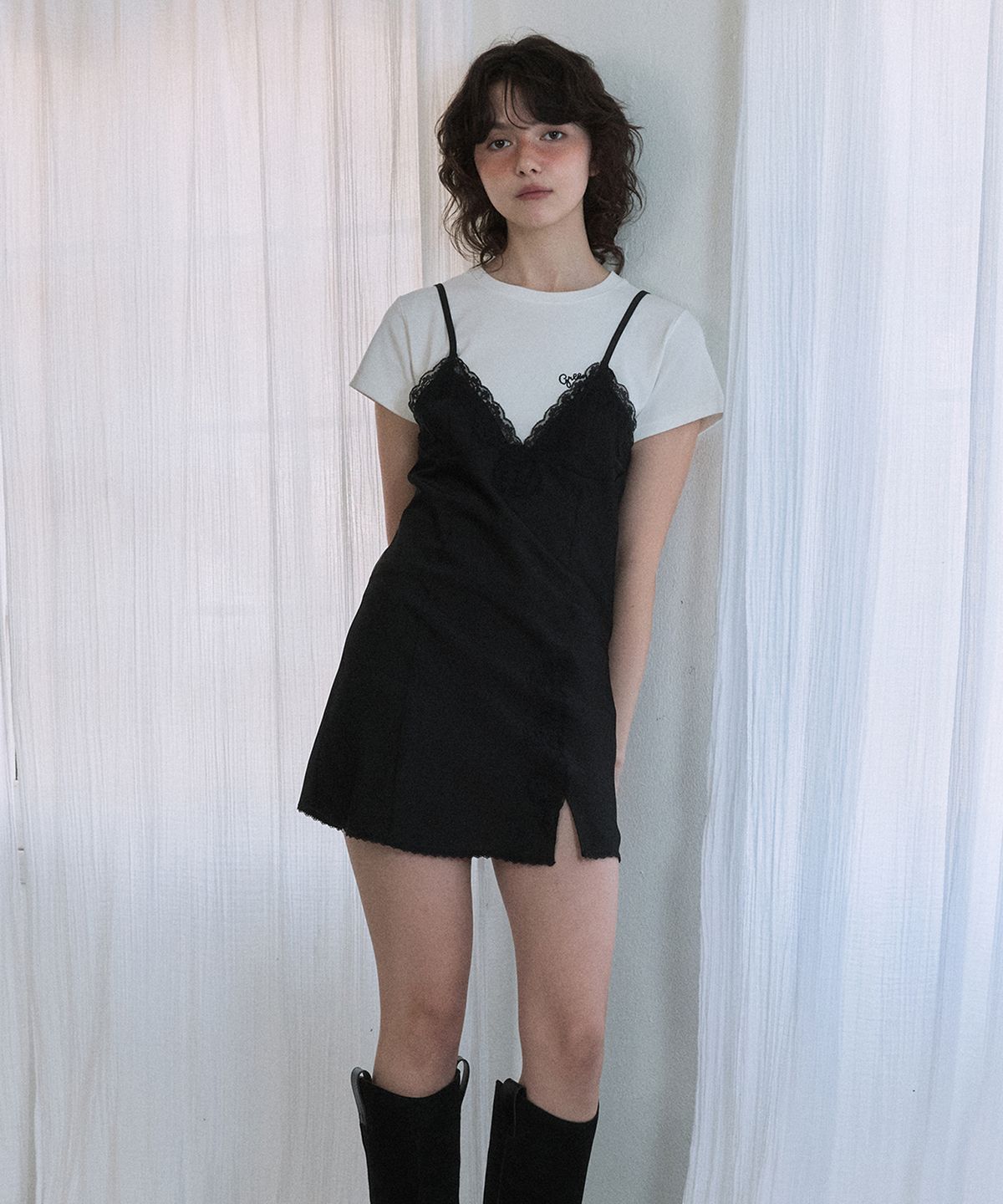 그린버터(GREENBUTTER) Silky Lace Slip Mini Dress (Black)