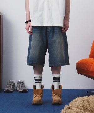 워싱 버뮤다 데님 팬츠 (빈티지 블루