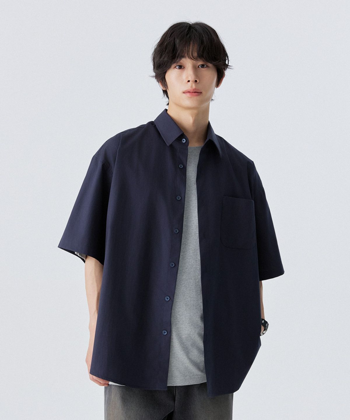 스탠즈(STENDS) [M~4XL] 플로우 코튼 반팔 셔츠_네이비