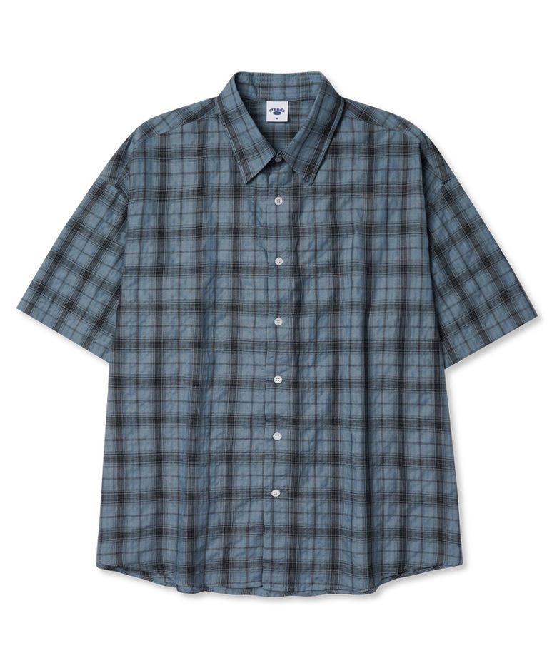 [M~4XL] 링클 체크 반팔 셔츠_블루