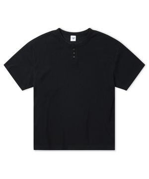 [M~4XL] 와플 헨리넥 오버핏 반팔 티셔츠_블랙