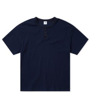 [M~4XL] 와플 헨리넥 오버핏 반팔 티셔츠_네이비