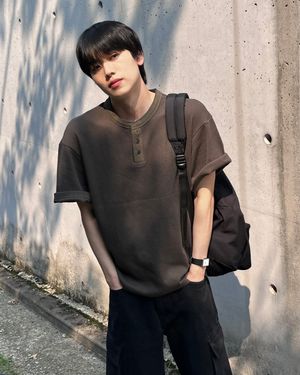 [M~4XL] 와플 헨리넥 오버핏 반팔 티셔츠_카키