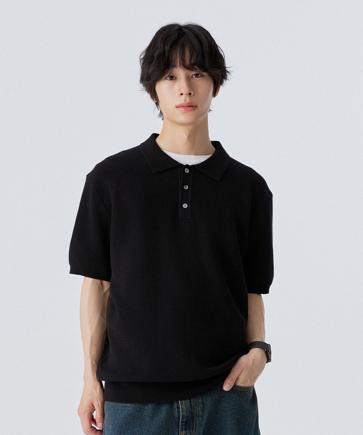 스탠즈(STENDS) [M~4XL] 오버핏 코튼 카라 반팔 니트_블랙