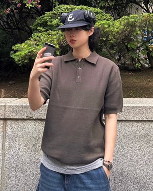 [M~4XL] 오버핏 코튼 카라 반팔 니트_카키