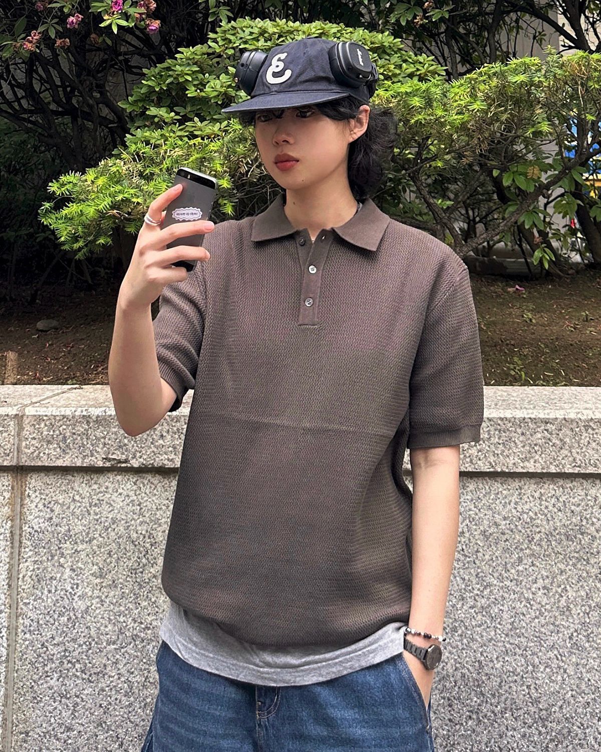 스탠즈(STENDS) [M~4XL] 오버핏 코튼 카라 반팔 니트_카키