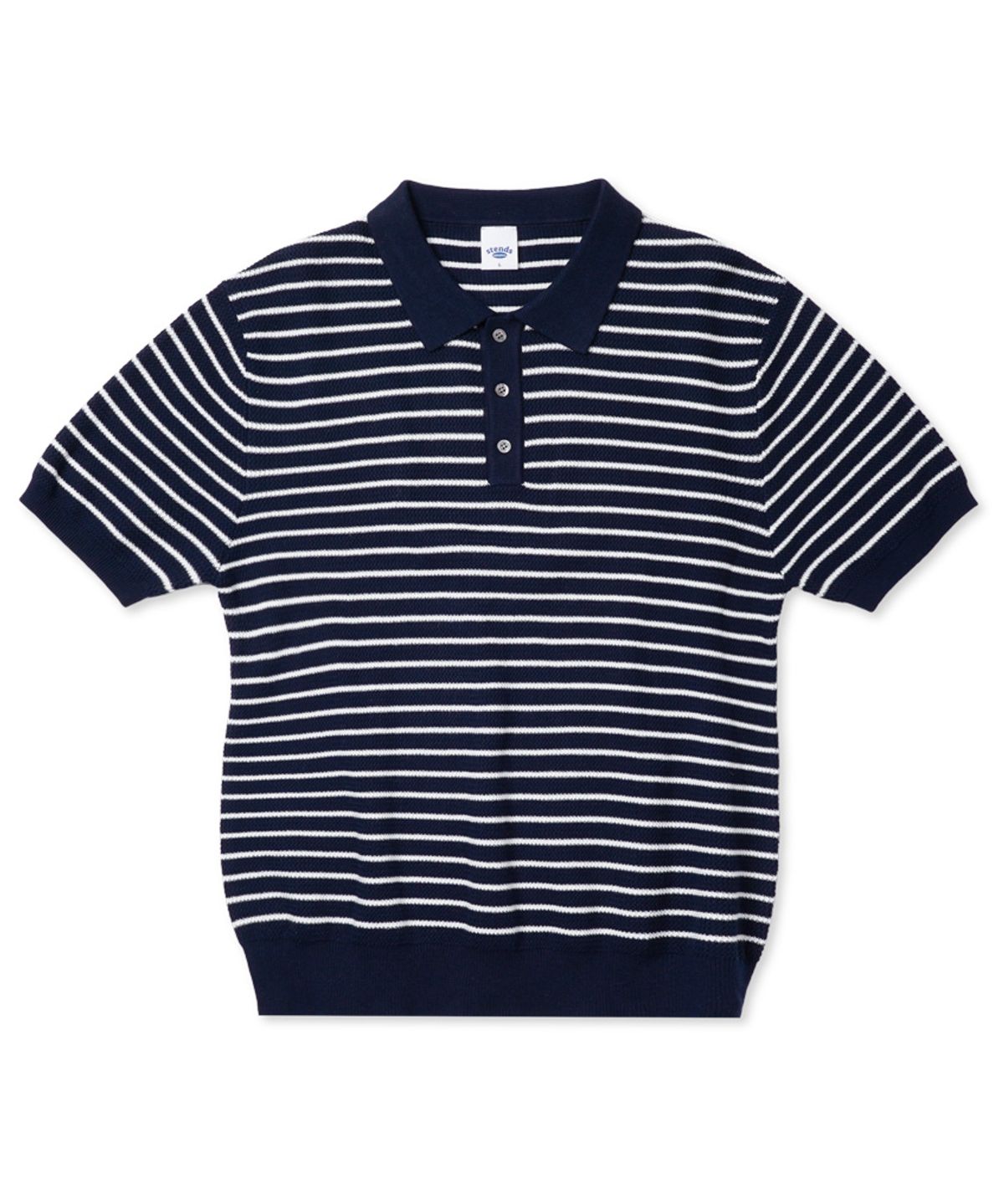 스탠즈(STENDS) [M~4XL] 오버핏 코튼 카라 반팔 니트_스트라이프 네이비