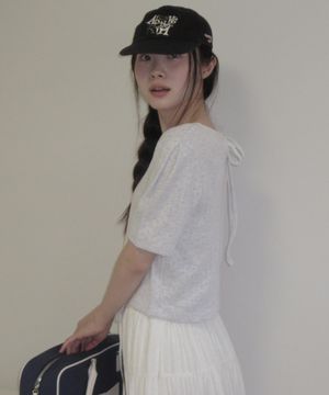 EYELET PUFF SLEEVE T-SHIRT_LIGHT GREY